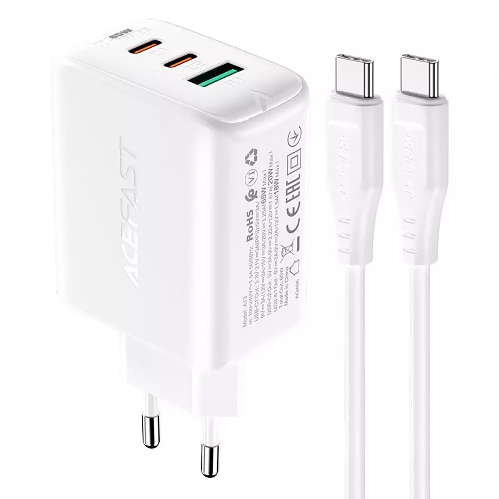 МЗП Acefast A13 PD 65W (2 Type-C + USB) (білий)