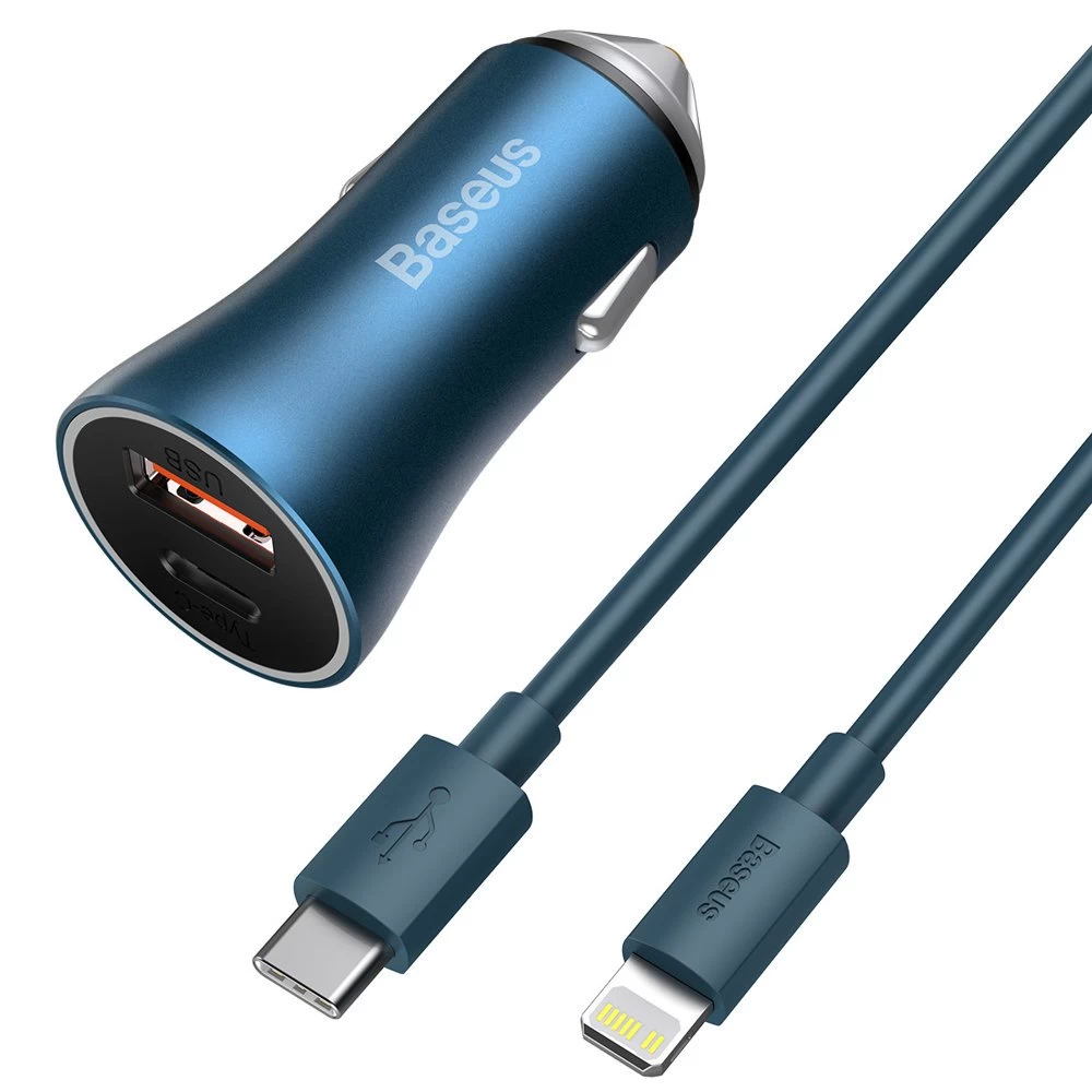 АЗП Baseus Golden Contactor Pro 40W (USB + Type-C) + Cable Type-C to Lightning 1m Блакитний