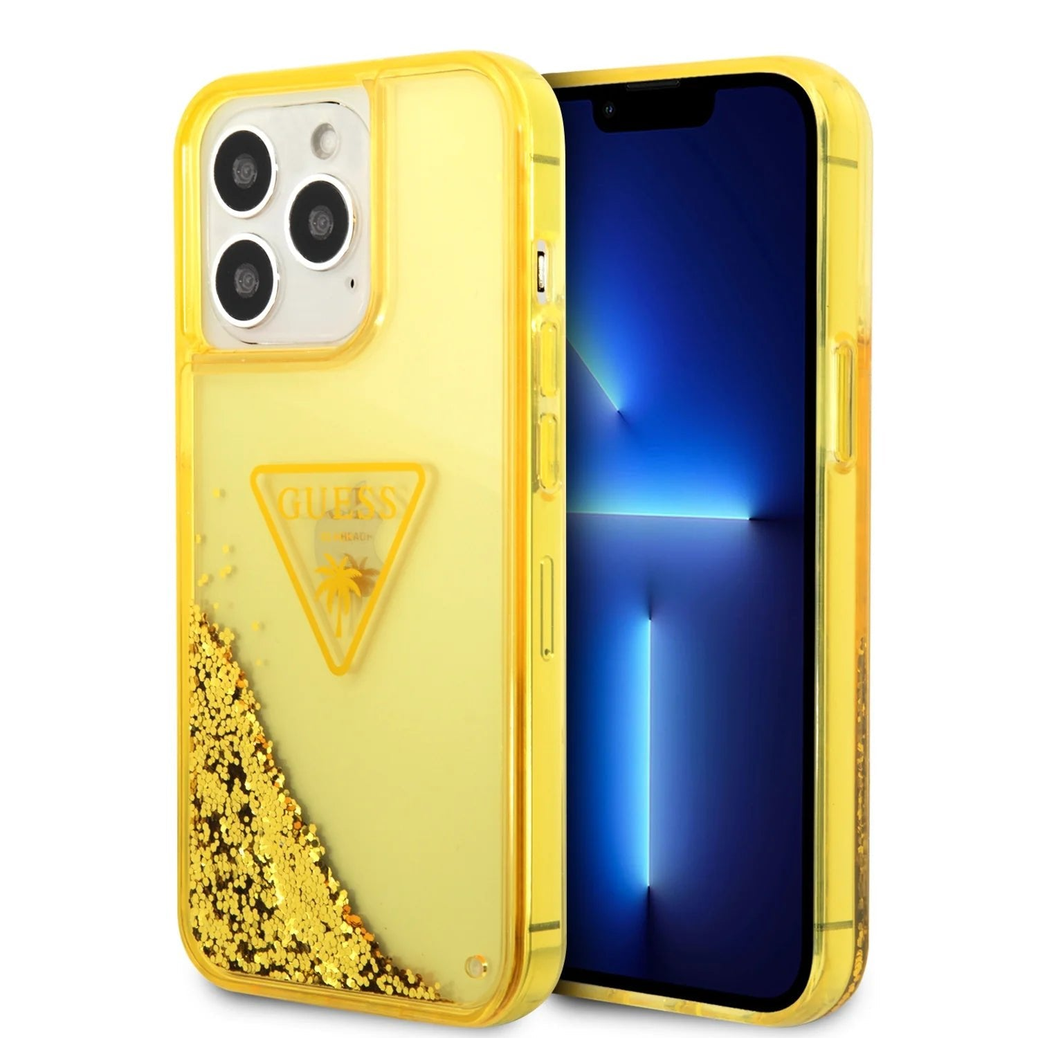 Чохол Guess Liquid Glitter Case With Translucent Triangle Logo For iPhone 14 Pro Max Yellow