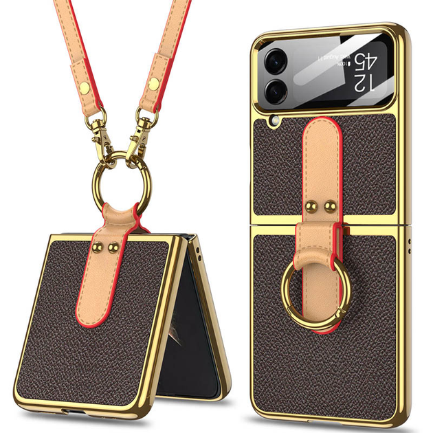 Шкіряний чохол GKK with ring and strap для Samsung Galaxy Z Flip4 (Brown)