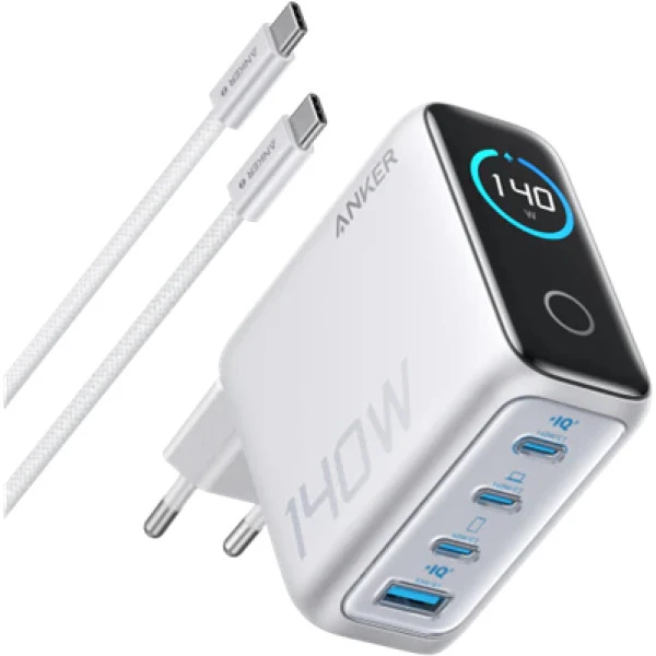 Мережева зарядка ANKER Laptop GaN Charger 140W, 3xUSB-C PD3.1 & 1xUSB-A w Display and Cable (Silver)