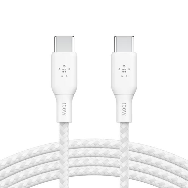 Кабель USB-C - USB-C заряджання/синхронізації Belkin 2м, 100Вт, Type-C, плетений, білий