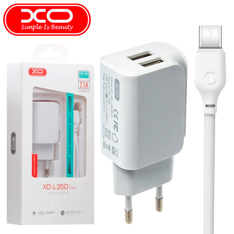 МЗП XO L35 2.1A/1USB + microUSB White