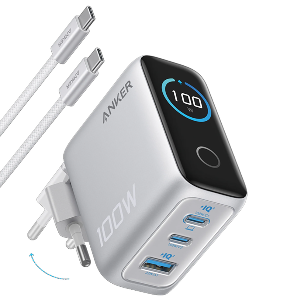 Мережева зарядка ANKER GaN Charger 100W, 2xUSB-C PD & 1xUSB-A w Display and Cable (Silver)