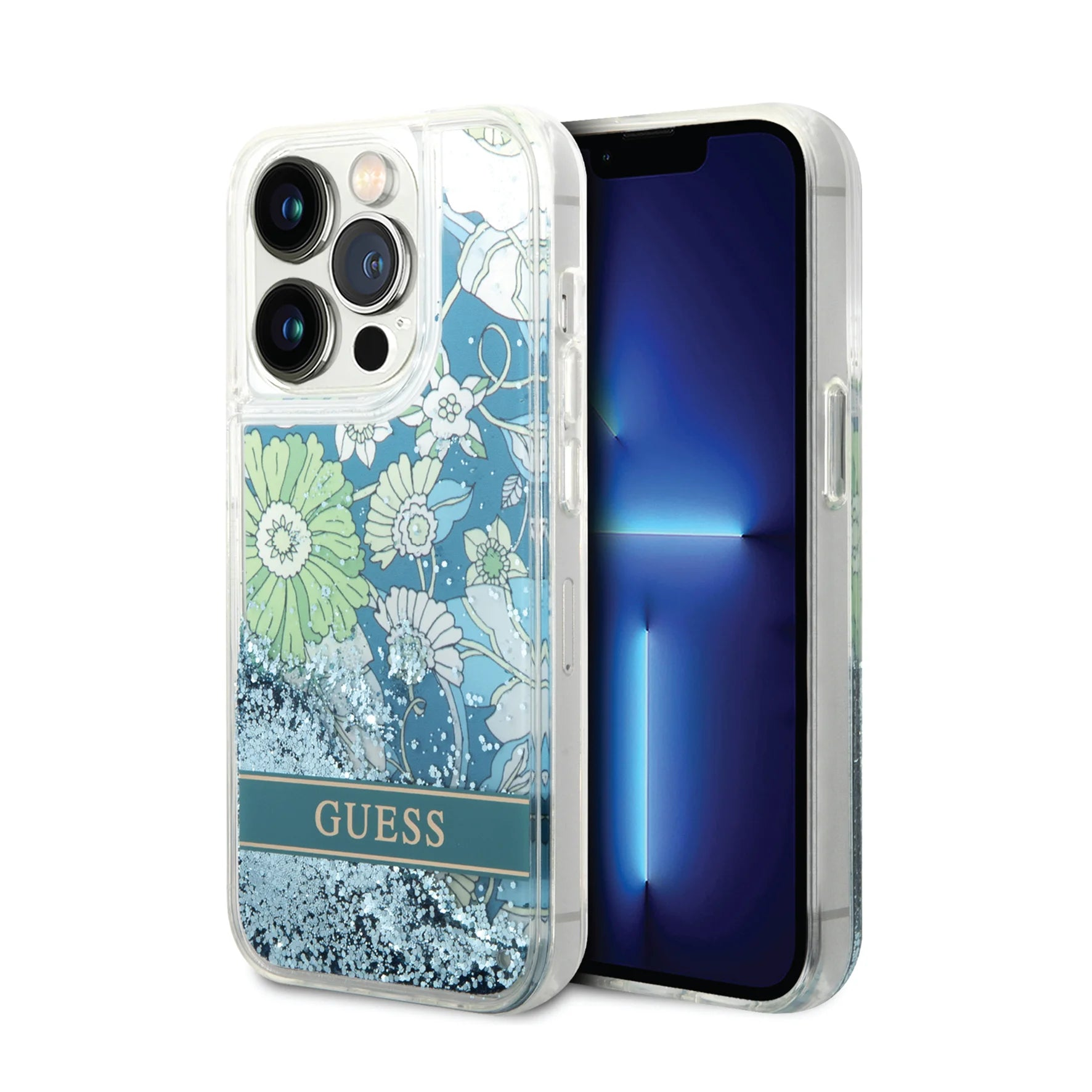 Чохол Guess Liquid Glitter Case With Flower Pattern For iPhone 14 Blue