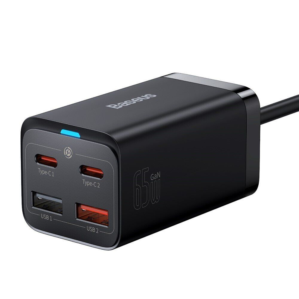 МЗП Baseus GaN3 Pro 65W 2 Type-C + 2 USB + (Кабель Type-C to Type-C 100W 1m) Чорний