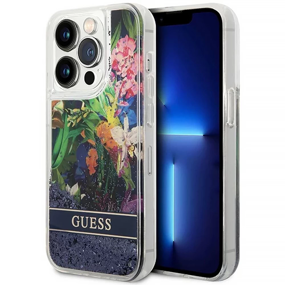 Чохол Guess Liquid Glitter Case With Flower Pattern For iPhone 14 Pro Blue