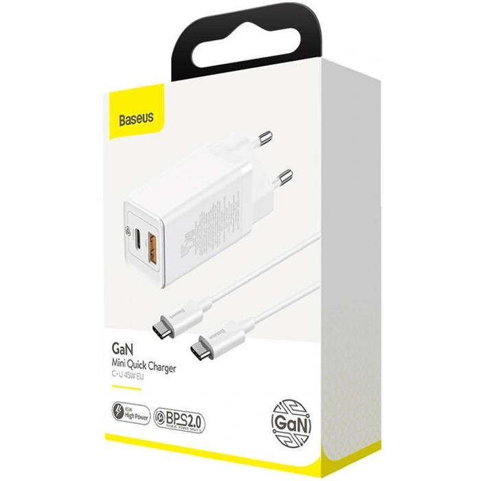 МЗП Baseus GaN Quick Charger 45W (2 Type-C + Cable Type C to Type-C 100W (1m) (white)